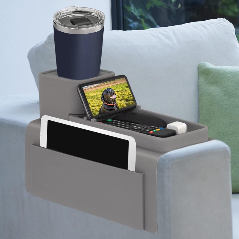 VIENFUT Silicone Couch Cup Holder, Anti-Spill and Anti-Slip Sofa Armrest Tray, Dirt-Resistant Silicone Couch Arm Tray for Remote, Snacks, Cellphone and iPad, Gift for Family, Friend (Gray) - Image 1